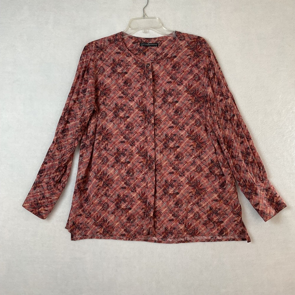 Peruvian Connection Red Floral Plaid Rayon Modal Blouse XL Long Sleeve Button Up